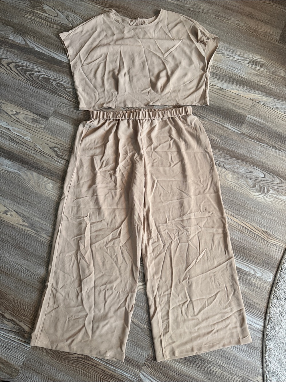 SHEIN Neutral Beige Wide-Leg Crop Top & Elastic Waist Pants Set